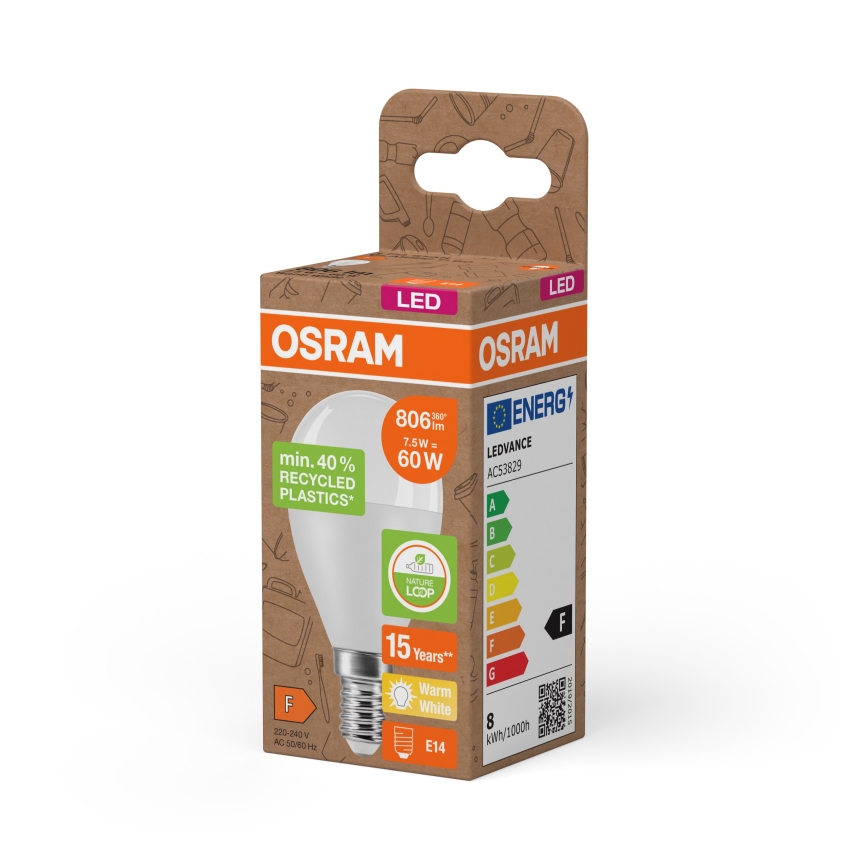 Lâmpada LED em plástico reciclado P45 E14/7,5W/230V 2700K - Osram