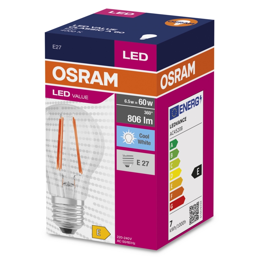 Lâmpada LED FILAMENT A60 E27/6,5W/230V 4000K - Osram