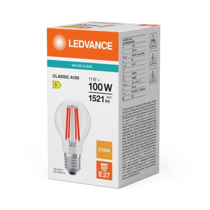 Lâmpada LED Filamento Clássico A60 E27/11W/230V 2700K - Ledvance