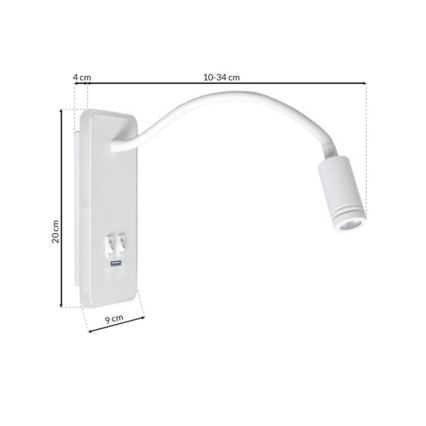Luminária de parede flexível LED com USB BASE 1xLED/8W+1xLED/2W/230V branca