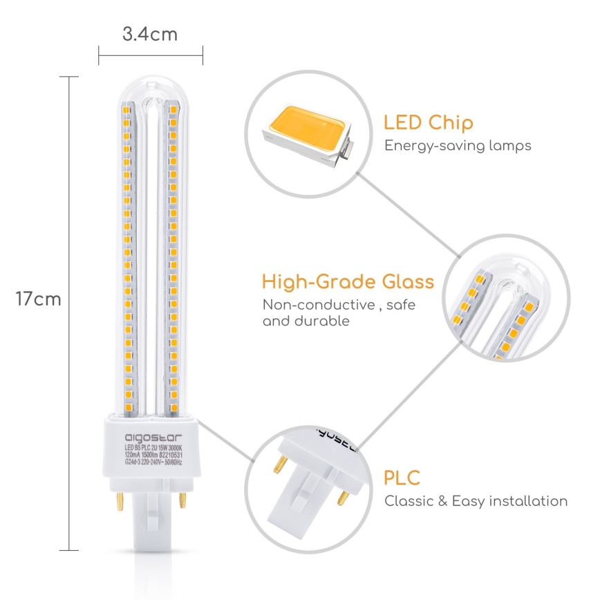 Lâmpada LED G24D-3/15W/230V 3000K - Aigostar