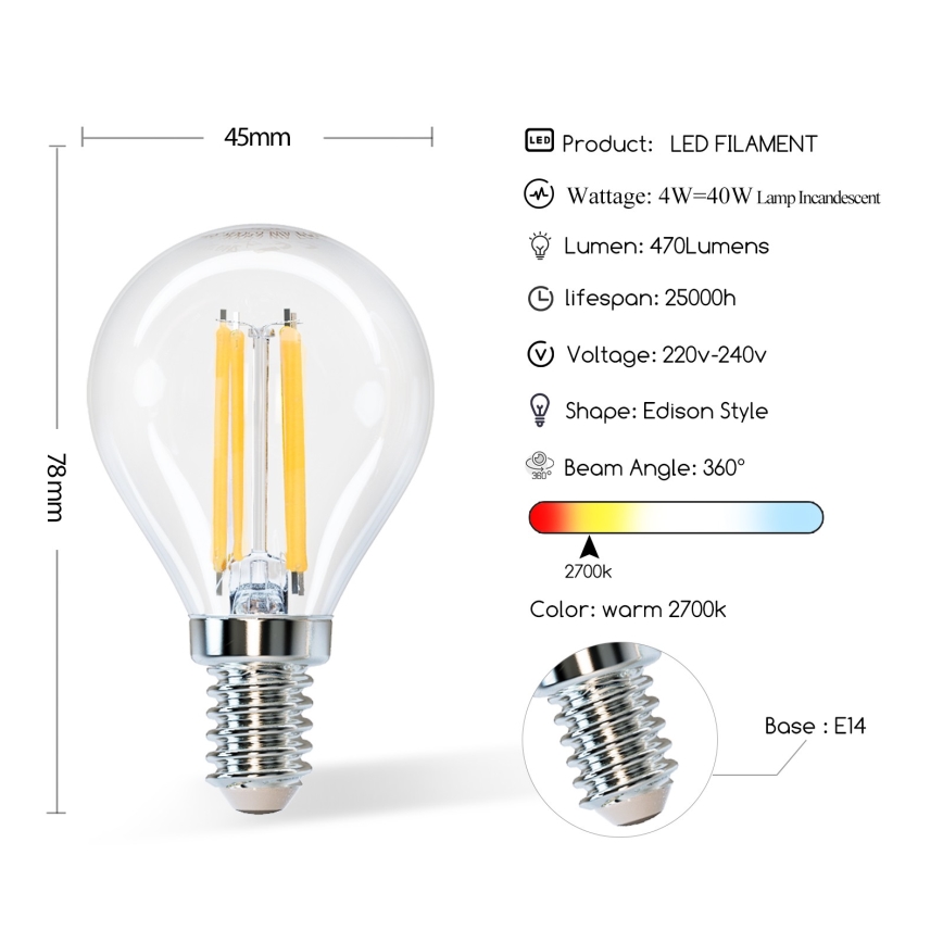 Lâmpada LED G45 E14/4W/230V 2700K - Aigostar