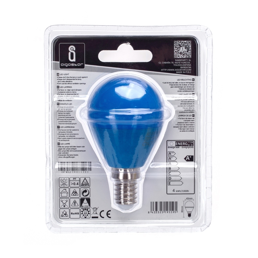 Lâmpada LED G45 E14/4W/230V azul - Aigostar
