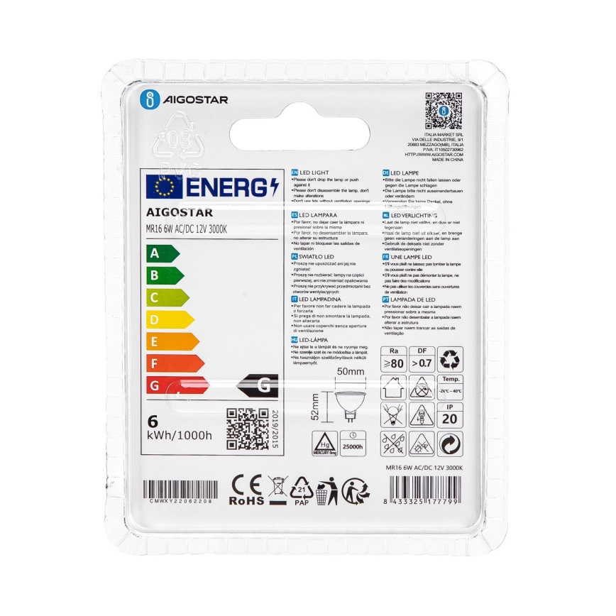 Lâmpada LED MR16 GU5,3/6W/12V 3000K - Aigostar