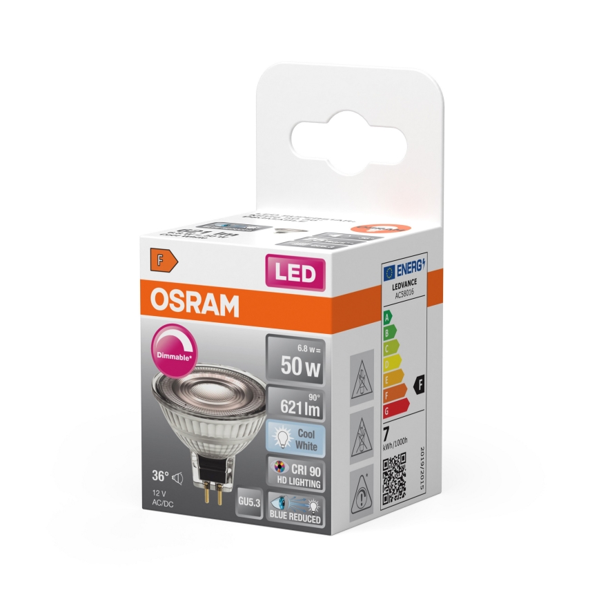 Lâmpada dicroica LED dimerizável MR16 GU5,3/6,8W/12V 4000K 36° IRC 90 - Osram