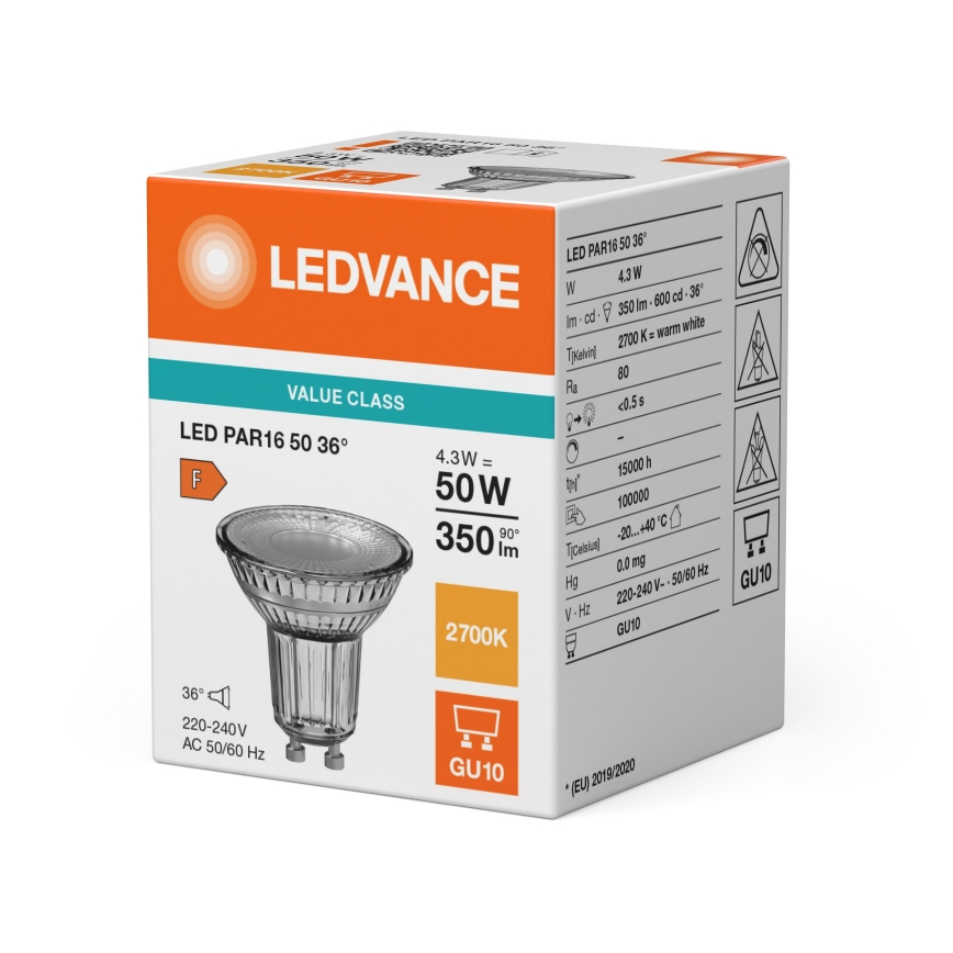 Lâmpada LED refletora PAR16 GU10/4,3W/230V 2700K 36° - Ledvance