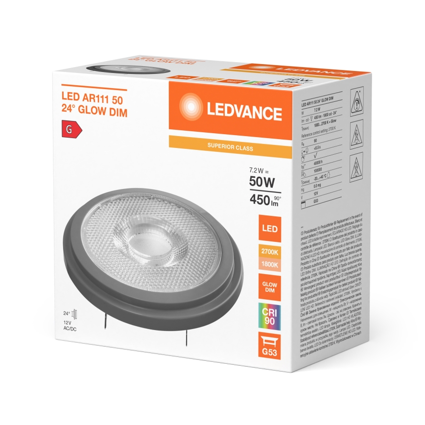 Lâmpada LED regulável AR111 G53/7,2W/12V 1800-2700K 24° IRC 90 - Ledvance