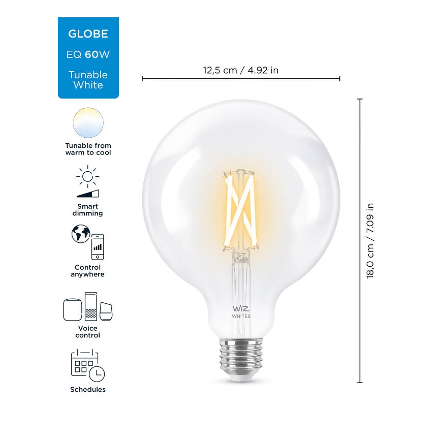 Lâmpada LED Regulável FILAMENT G125 E27/7W/230V 2700-6500K CRI 90 Wi-Fi - WiZ