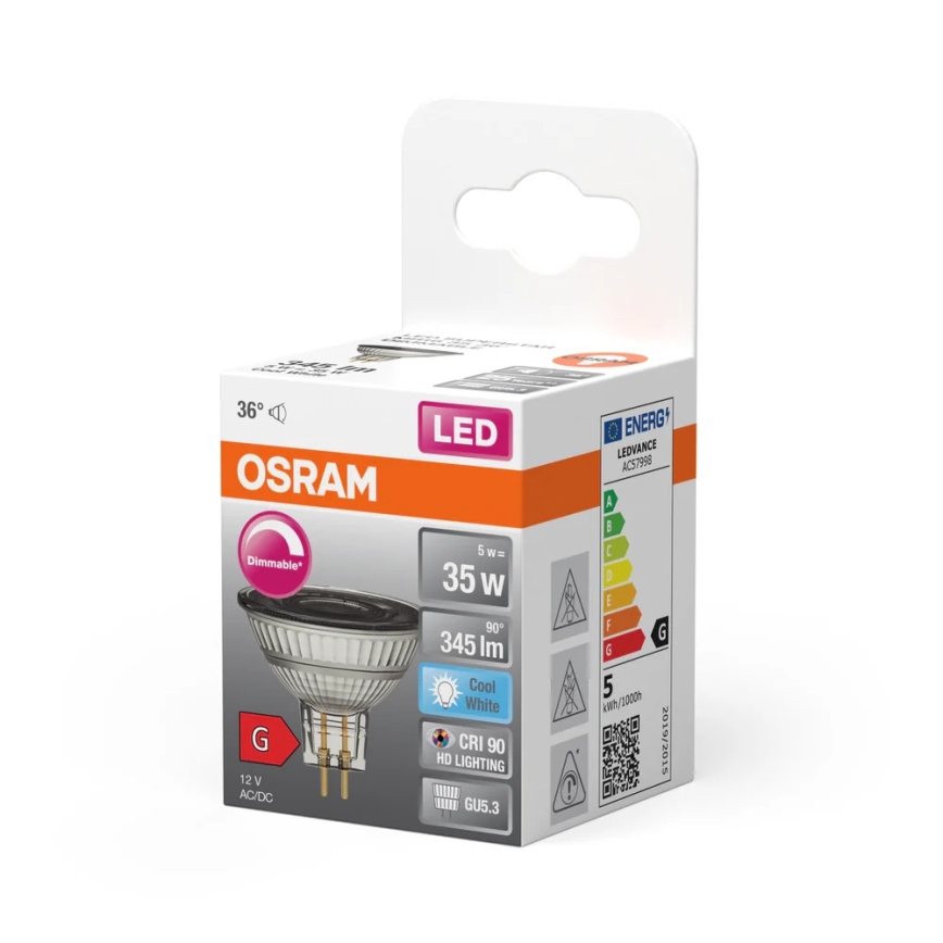 Lâmpada LED regulável MR16 GU5,3/5W/12V 4000K 36° IRC 90 - Osram