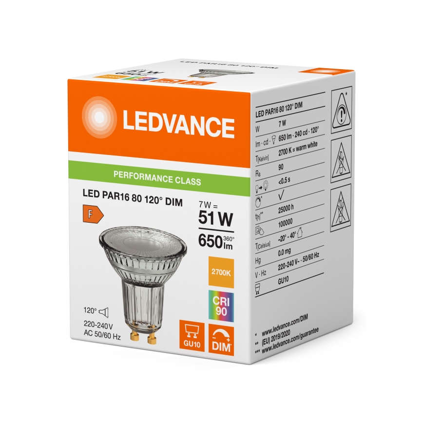 Lâmpada refletora LED regulável PAR16 GU10/7W/230V 2700K 120° CRI 90 - Ledvance