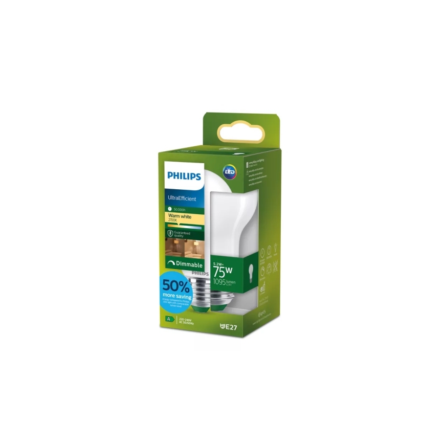 Lâmpada LED regulável ULTRAEFFICIENT Philips A60 E27/5,2W/230V 2700K
