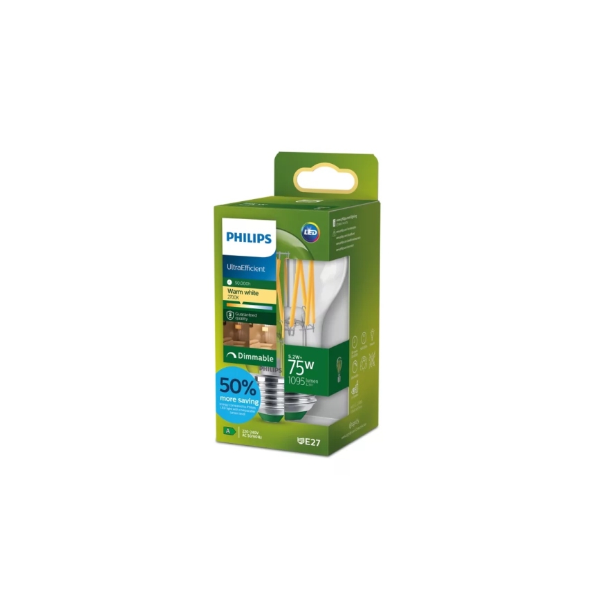 Lâmpada LED regulável ULTRAEFFICIENT VINTAGE Philips A60 E27/5,2W/230V 2700K