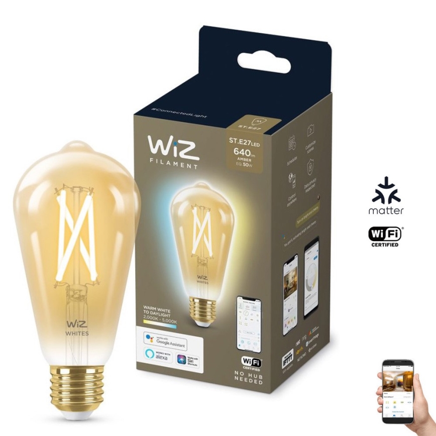 Lâmpada LED regulável VINTAGE FILAMENT ST64 E27/7W/230V 2000-5000K CRI 90 Wi-Fi - WiZ