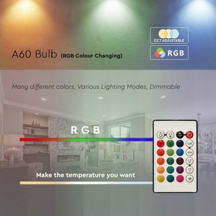 Lâmpada LED RGB com regulação A60 E27/8,5W/230V 4000K + comando