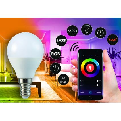 Lâmpada LED RGB com regulação G45 E14/5,5W/230V 3000-6500K Wi-fi Tuya
