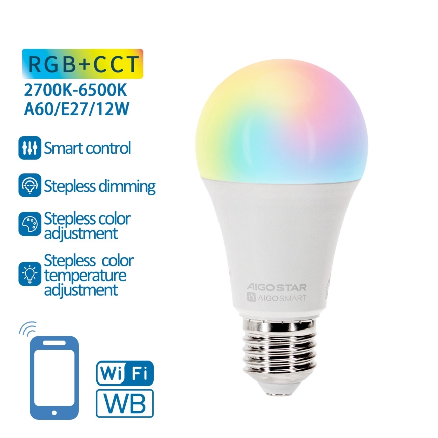 Lâmpada LED RGBW com regulação A60 E27/12W/230V 2700-6500K Wi-Fi - Aigostar