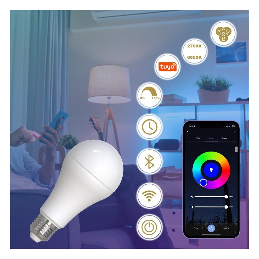 Lâmpada LED RGBW com regulação A60 E27/15W/230V 2700-6500K Wi-Fi Tuya