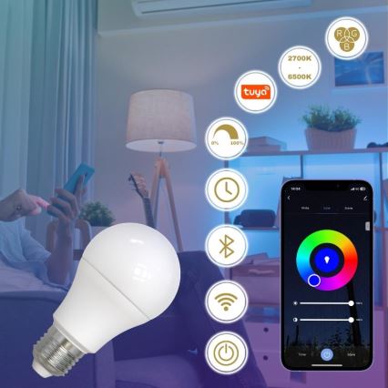 Lâmpada LED RGBW com regulação A60 E27/9W/230V 2700-6500K Wi-Fi Tuya