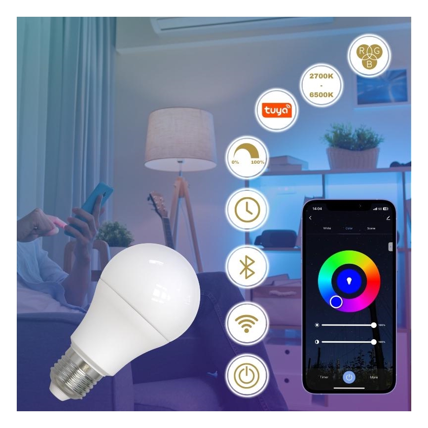 Lâmpada LED RGBW com regulação A60 E27/9W/230V 2700-6500K Wi-Fi Tuya