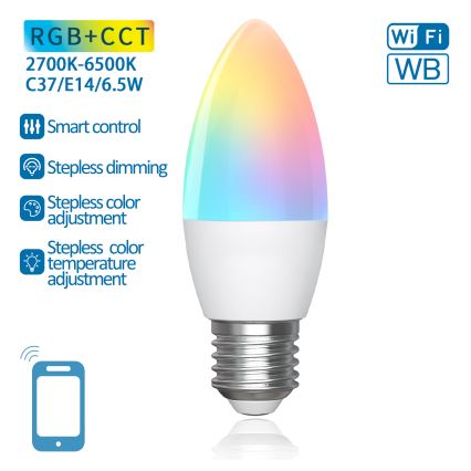 Lâmpada LED RGBW com regulação C37 E27/6,5W/230V 2700-6500K Wi-Fi - Aigostar