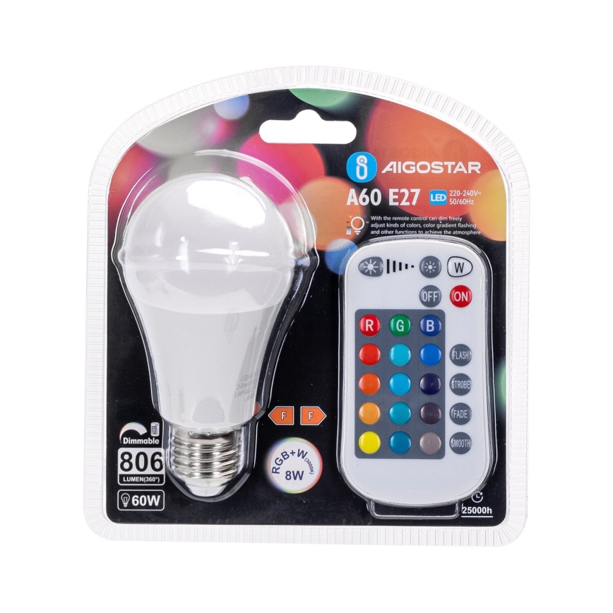 Lâmpada LED RGBW com regulação E27/8W/230V 3000K + comando - Aigostar