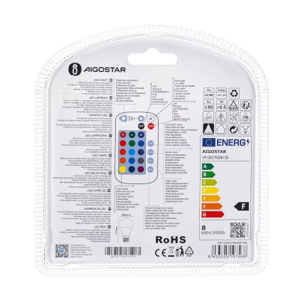 Lâmpada LED RGBW com regulação E27/8W/230V 3000K + comando - Aigostar