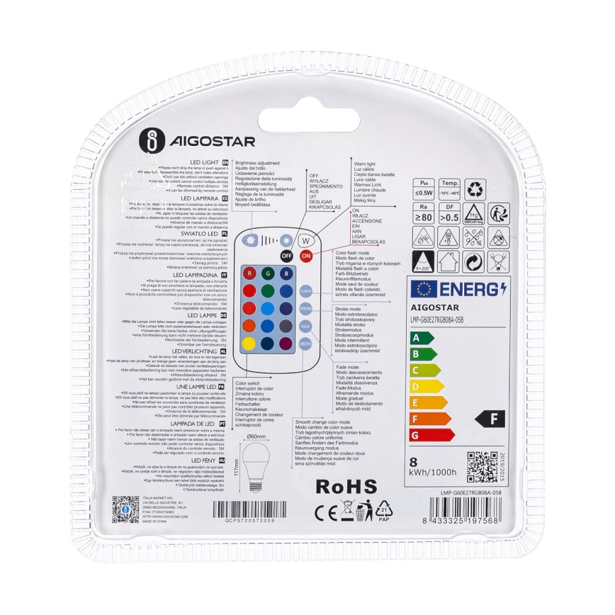 Lâmpada LED RGBW com regulação E27/8W/230V 3000K + comando - Aigostar