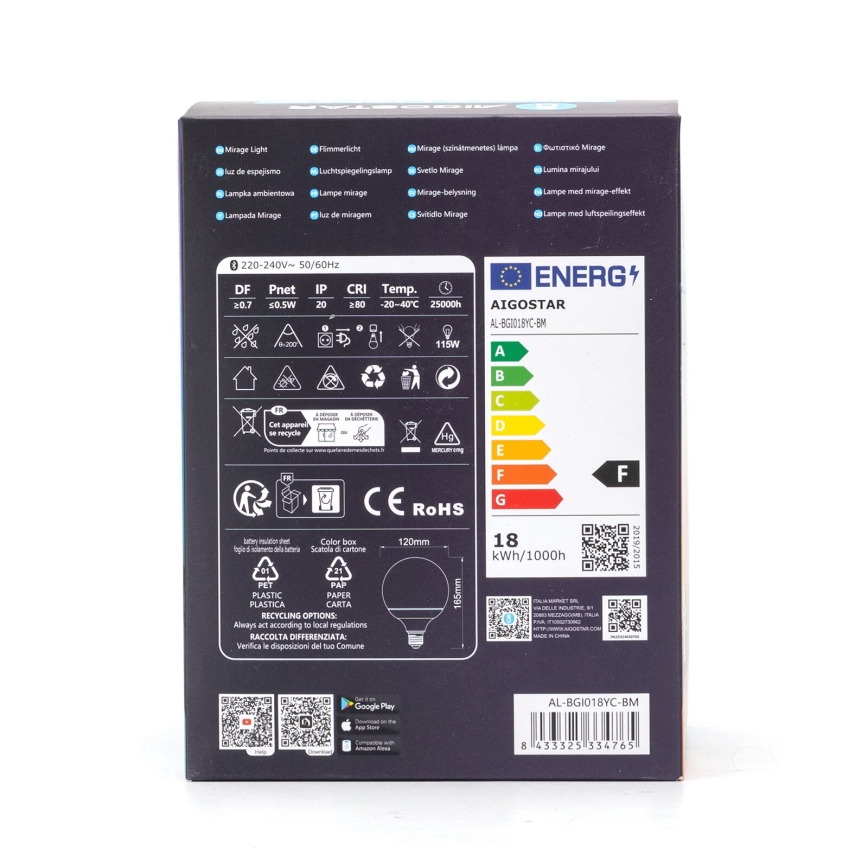 Lâmpada LED RGBW Regulável MESH G120 E27/18W/230V 6500K + comando à distância - Aigostar