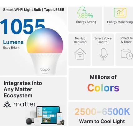 Lâmpada LED RGBW regulável A60 E27/8,6W/230V 2500-6500K Wi-Fi - TP-Link