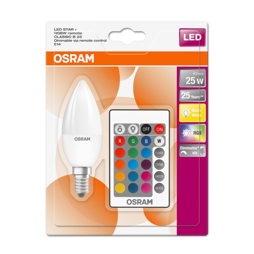 Lâmpada LED RGBW regulável STAR E14/4,5W/230V 2700K + controlo remoto - Osram