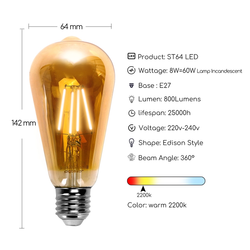 Lâmpada LED ST64 E27/8W/230V 2200K - Aigostar