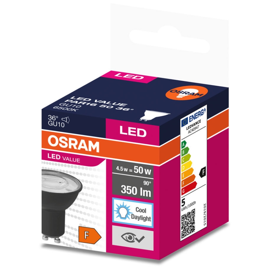 Lâmpada LED VALUE PAR16 GU10/4,5W/230V 4000K 36° preto - Ledvance