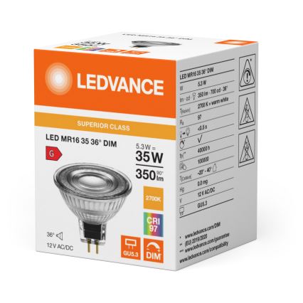 Lâmpada refletora LED dimerizável MR16 GU5,3/5,3W/12V 2700K 36° IRC 97 - Ledvance