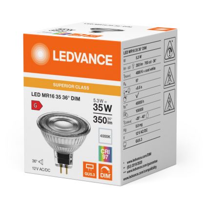 Lâmpada refletora LED dimerizável MR16 GU5,3/5,3W/12V 4000K 36° IRC 97 - Ledvance