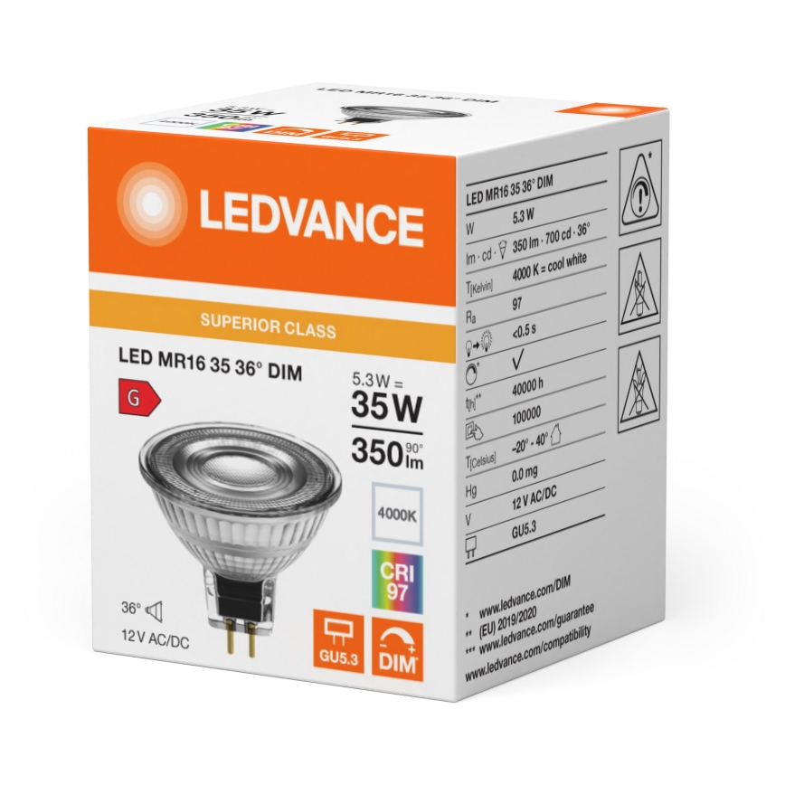 Lâmpada refletora LED dimerizável MR16 GU5,3/5,3W/12V 4000K 36° IRC 97 - Ledvance