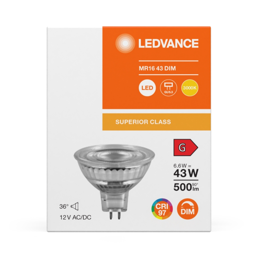 Lâmpada refletora LED dimerizável MR16 GU5,3/6,6W/12V 3000K 36° CRI 97 - Ledvance