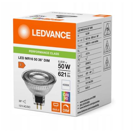 Lâmpada LED refletora dimerizável MR16 GU5,3/6,8W/12V 4000K 36° IRC 90 - Ledvance