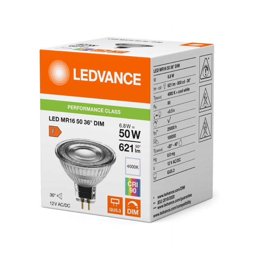 Lâmpada LED refletora dimerizável MR16 GU5,3/6,8W/12V 4000K 36° IRC 90 - Ledvance