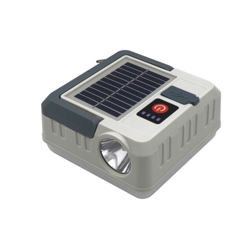 Lâmpada solar recarregável LED dimmerizável com função powerbank LED/1W/5,5V 8000K IPX4 1200 mAh cinza