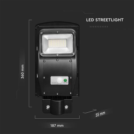 Luminária solar de rua LED regulável com sensor de movimento e crepúsculo LED/6W/3,2V 6000K IP65 5000 mAh preta + controlo remoto