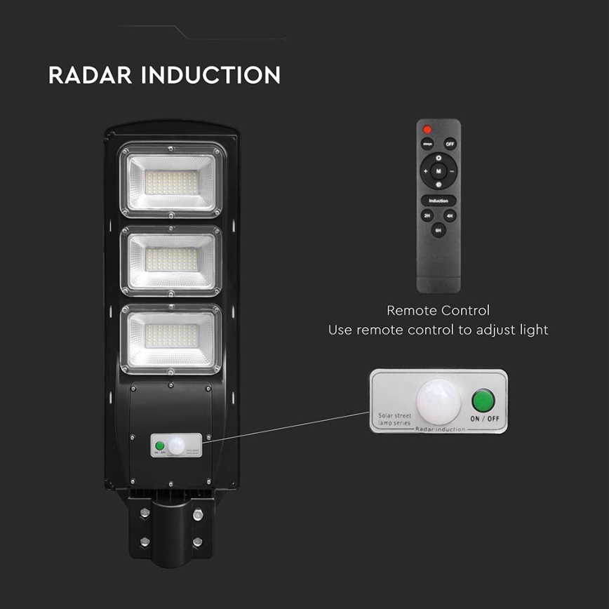 Luminária solar de LED regulável para rua com sensor de movimento e crepúsculo LED/12W/3,2V 6000K IP65 10000 mAh preta + controlo remoto
