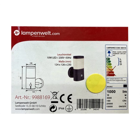 Lampenwelt - Iluminação exterior LED com sensor LED/10W/230V IP44