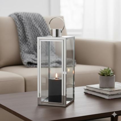 Lanterna decorativa TOWER 29 cm, acabamento cromado brilhante