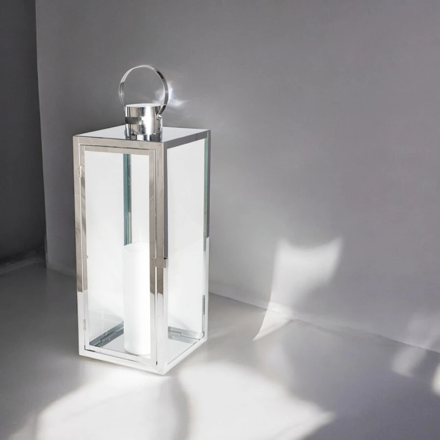 Lanterna decorativa TOWER 29 cm, acabamento cromado brilhante