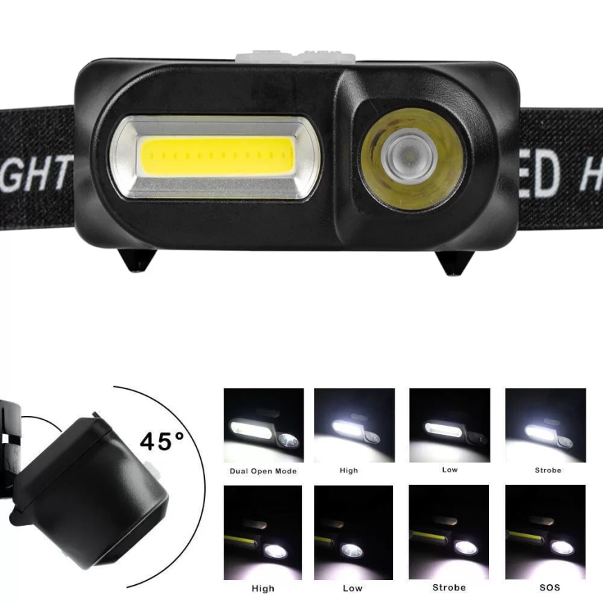 Lanterna frontal recarregável LED regulável 2xLED/5V IP44 210 lm 2000 mAh