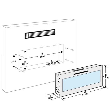 Lareira elétrica de parede LED com aquecimento LED/2000W/230V 48x91 cm + controlo remoto