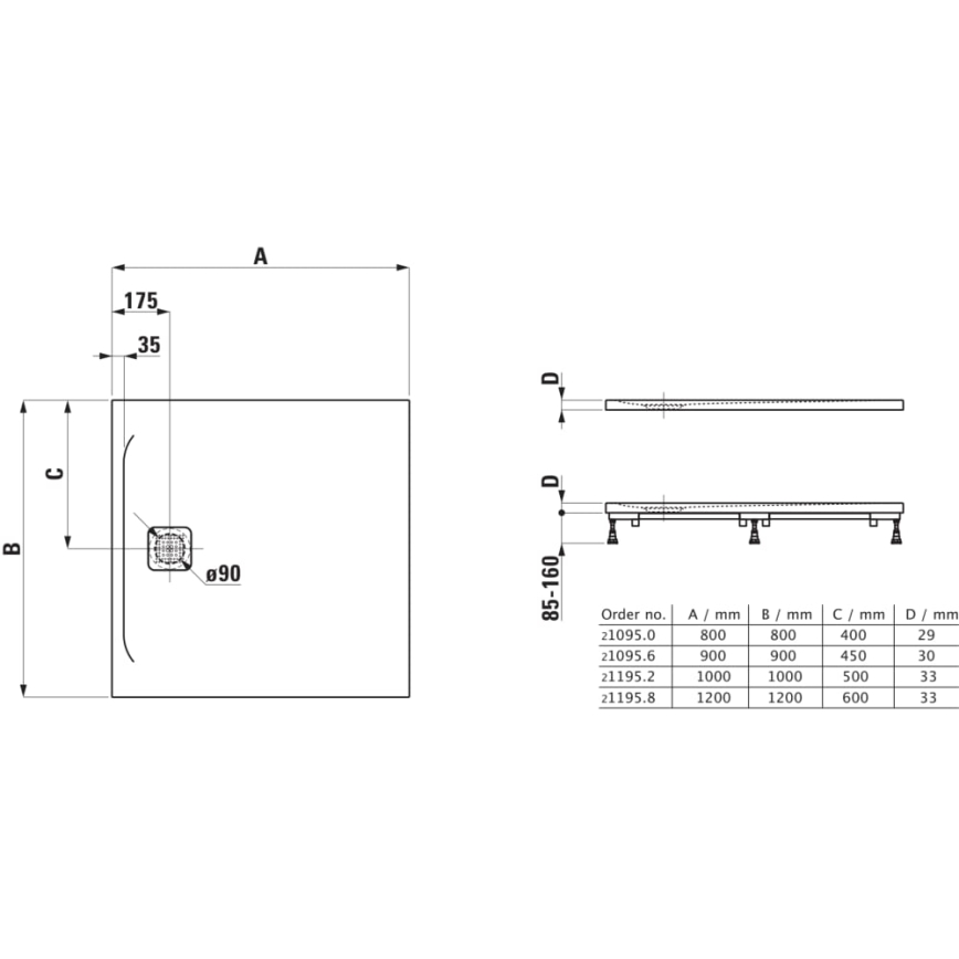 LAUFEN H2109560000001 - Plato de duche quadrado PRO 90x90 cm marbond/branco