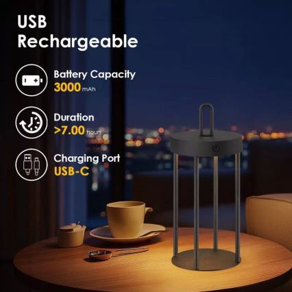 LED dimerizável, lâmpada de mesa tátil recarregável para exterior GENTLE LED/1,5W/3,7V 3000 mAh IP44 preta