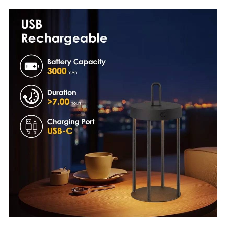 LED dimerizável, lâmpada de mesa tátil recarregável para exterior GENTLE LED/1,5W/3,7V 3000 mAh IP44 preta