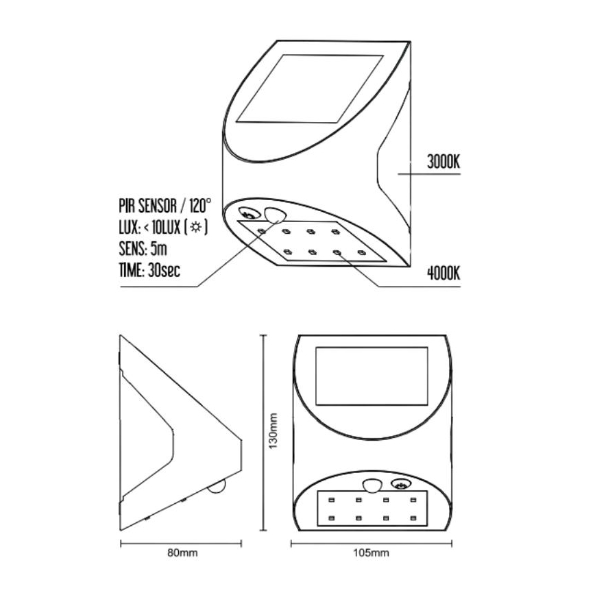 Aplique de parede solar com sensor LED/3W/3,7V 3000/4000K 1200 mAh IP54 preto
